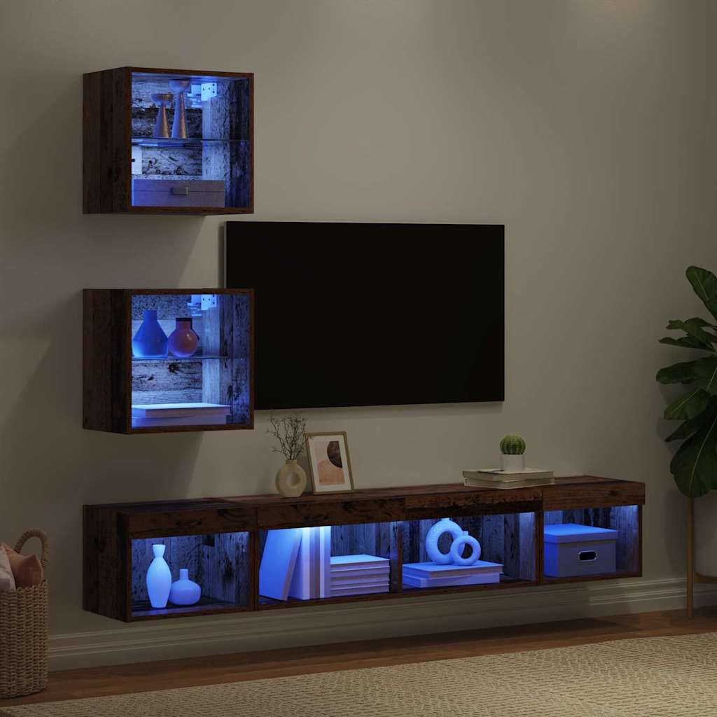 TV vægenheder med LED med LED 5 pcs Gammelt træ Konstrueret træ