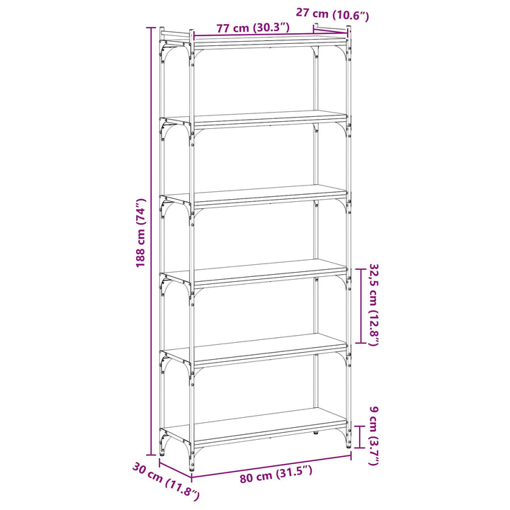 Bogreol 6 niveauer 80 x 30 x 188 cm Konstrueret træ Sort eg