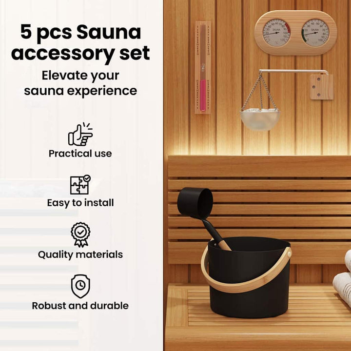 Sauna tilbehørs sæt 5 pcs Sort Aluminium og massivt fyrretræ