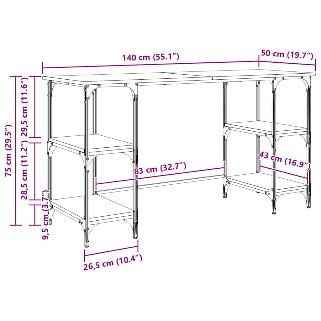 Bord med hylde Sort eg 140 x 50 x 75 cm Konstrueret træ