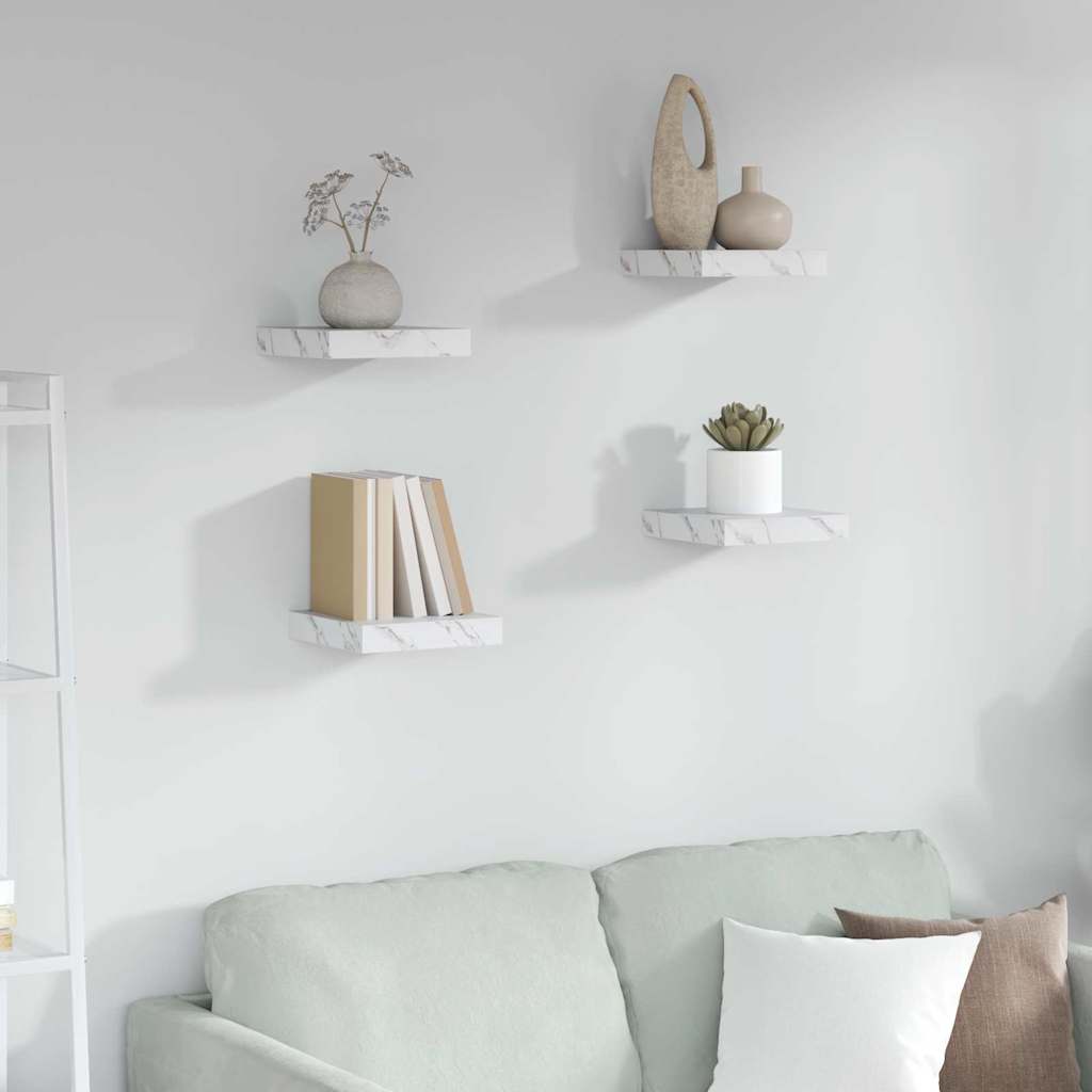Væghylde 4 pcs Hvid marmor 23 x 23,5 x 4 cm Konstrueret træ