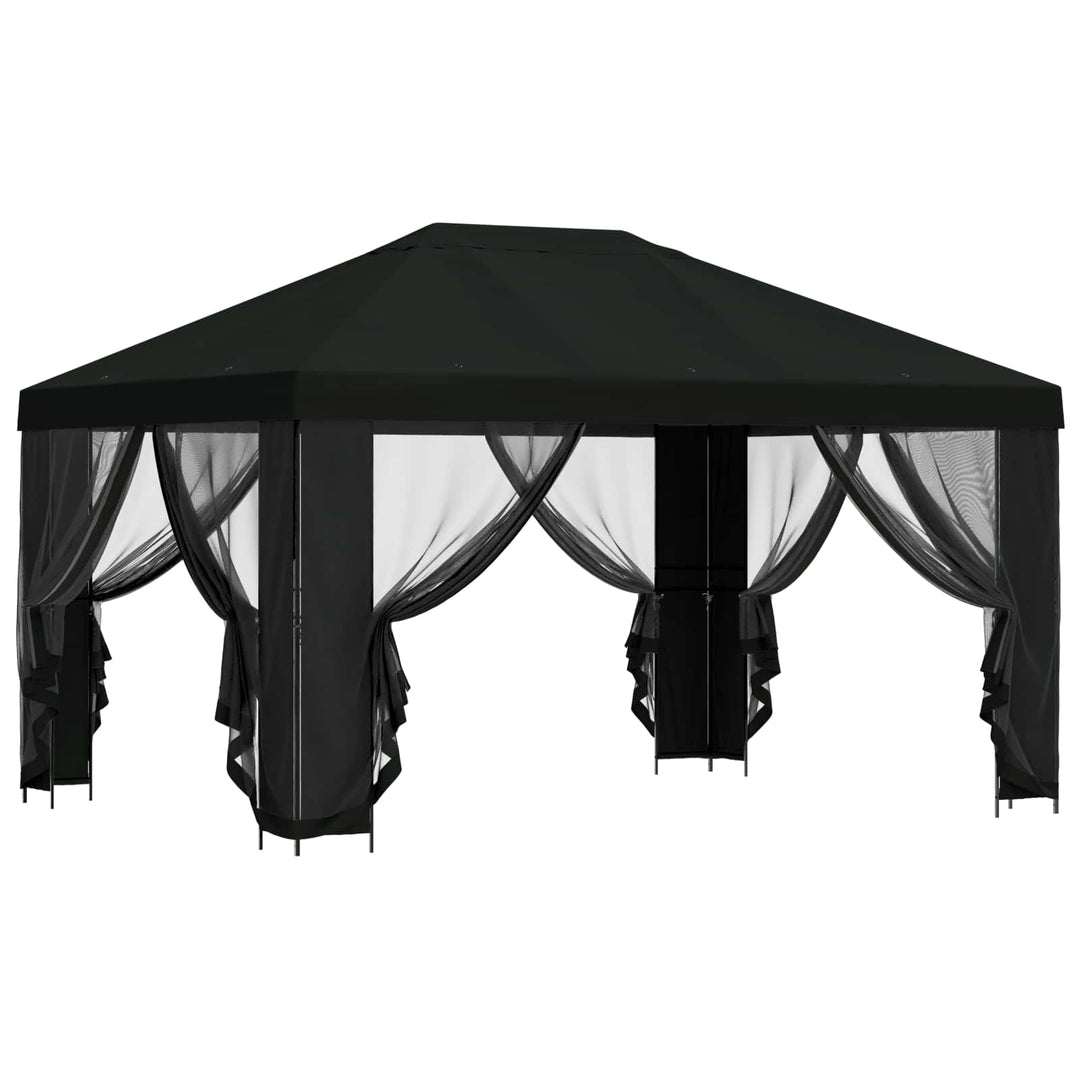 Pavillon med sidetapper 4 × 3 m Sort Polyester og Stål 190 gsm