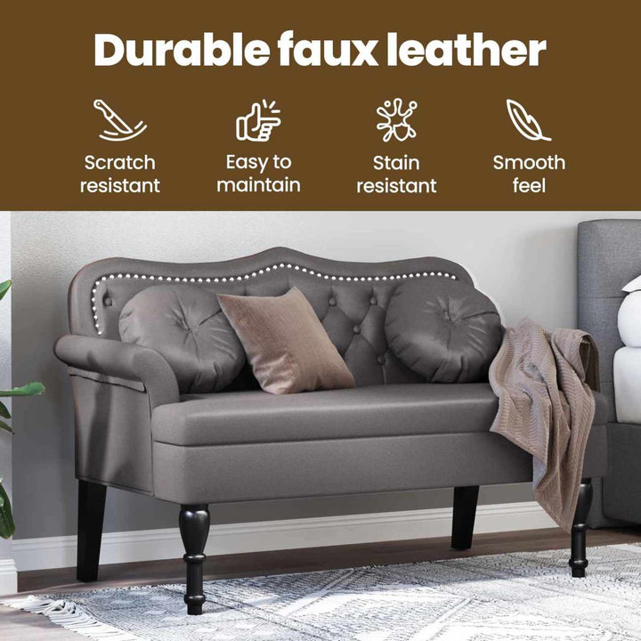 Chesterfield bænk med pude Grå 120.5 x 65 x 75 cm Faux læder