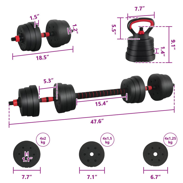 4-i-1 Håndvægte Barbell Kettlebell Sæt 20 kg Sort og rød