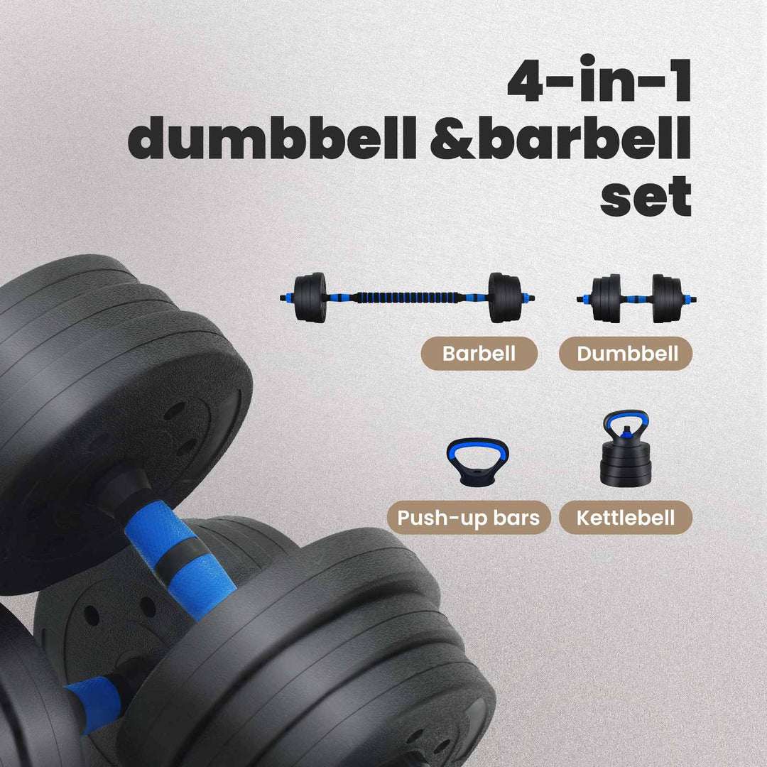 4-i-1 Dumbbell Barbell Kettlebell Sæt 20 kg Sort og Blå
