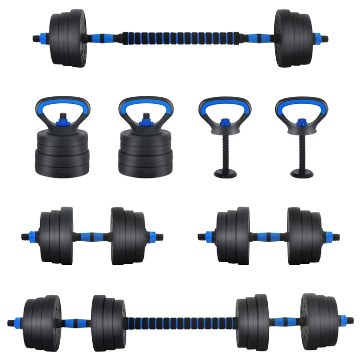 4-i-1 Dumbbell Barbell Kettlebell Sæt 20 kg Sort og Blå