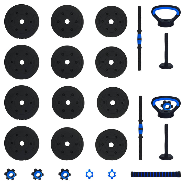 4-i-1 Dumbbell Barbell Kettlebell Sæt 20 kg Sort og Blå