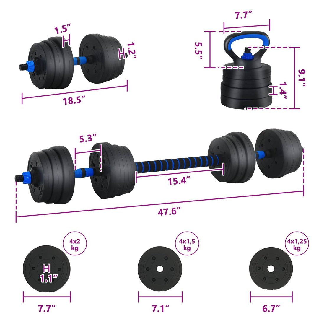 4-i-1 Dumbbell Barbell Kettlebell Sæt 20 kg Sort og Blå