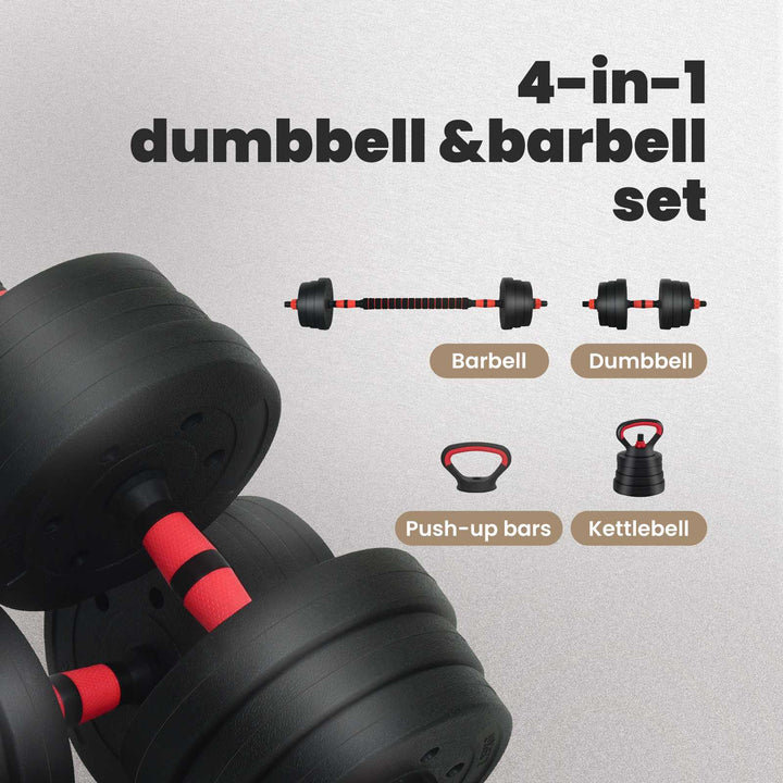 4-i-1 Dumbbell Barbell Kettlebell Sæt 30 kg Sort og rød