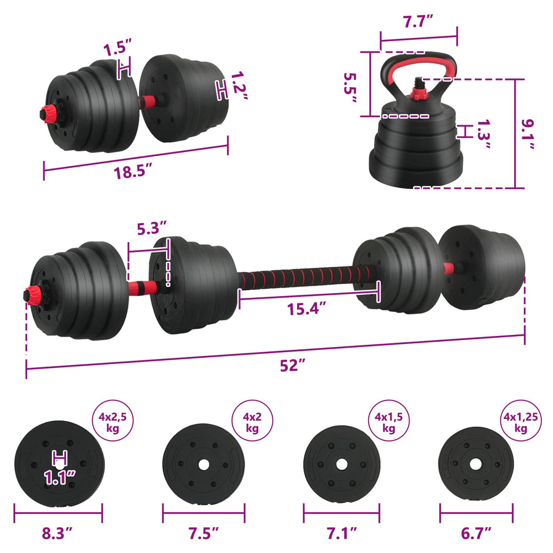4-i-1 Dumbbell Barbell Kettlebell Sæt 30 kg Sort og rød