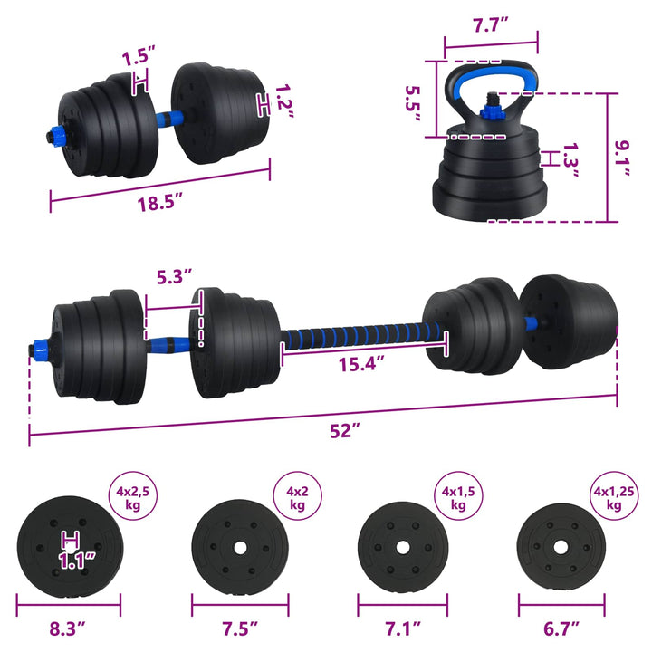 4-i-1 Håndvægte Barbell Kettlebell Sæt 30 kg Sort og Blå