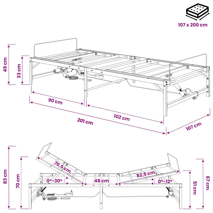 Elektrisk Justerbar Sengetramme Sort 107 x 203 cm Stål