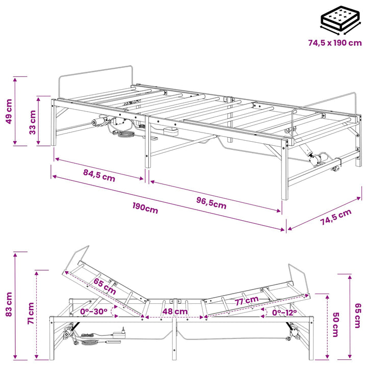 Elektrisk Justerbar Sengetramme Hvid 75 x 190 cm Stål