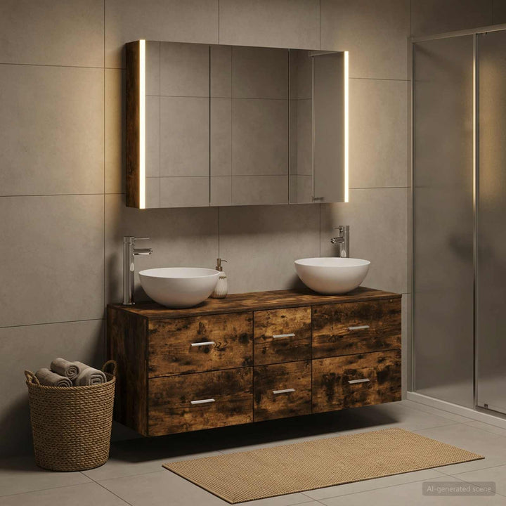 Badeværelsesmøbel sæt 4 pcs Røget eg Konstrueret træ og glas