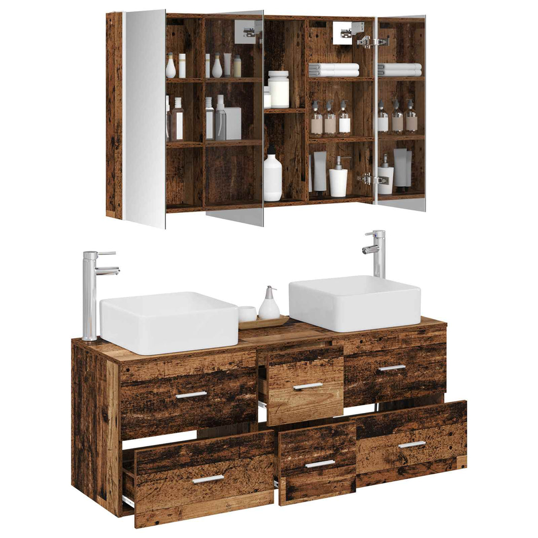 Badeværelsesmøbel sæt 4 pcs Gammelt træ Konstrueret træ og glas