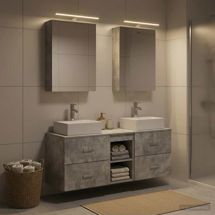 Badeværelsesmøbel sæt 5 stk. Betongrå Konstrueret træ og glas