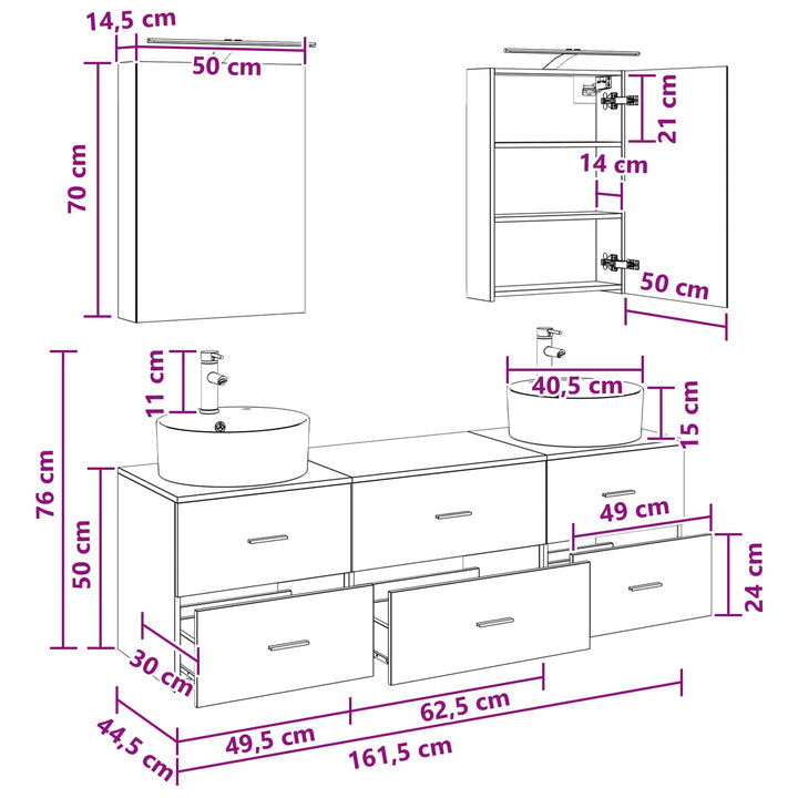Badeværelsesmøbel sæt 5 pcs Røget eg Konstrueret træ og glas