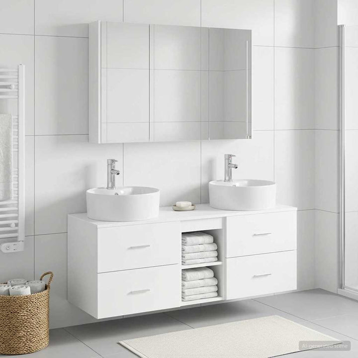 Badeværelsesmøbel sæt 4 pcs Hvid Konstrueret træ og glas