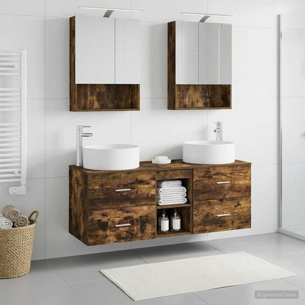 Badeværelsesmøbel sæt 5 pcs Røget eg Konstrueret træ og glas