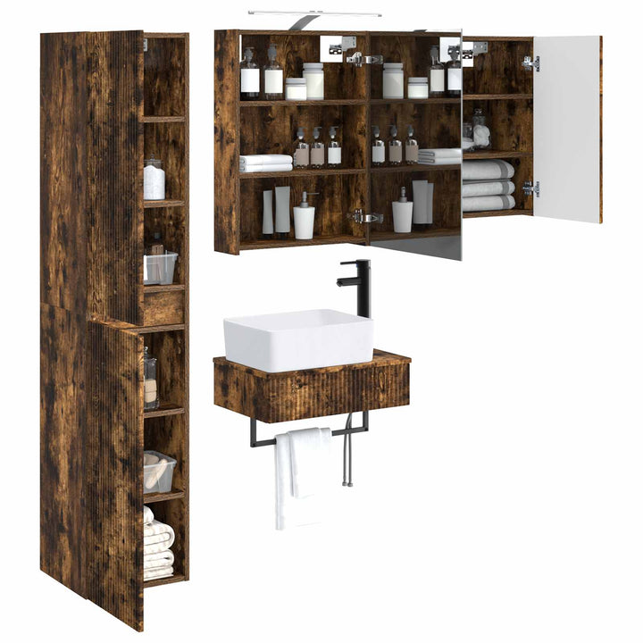 Badeværelsesmøbel sæt 5 pcs Røget eg Konstrueret træ og glas