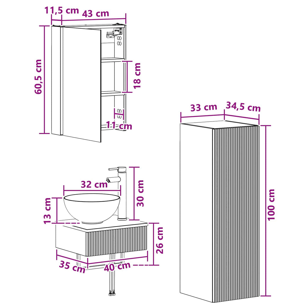 Badeværelsesskabsæt 4 pcs Betongrå 43 x 11,5 x 60,5 cm