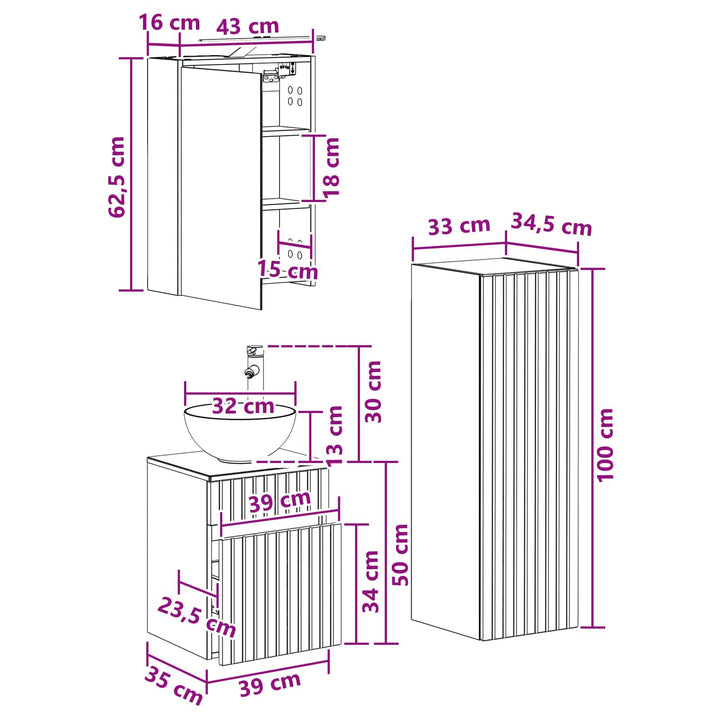 Badeværelsesmøbel sæt 4 pcs Sonoma-eg Konstrueret træ og glas