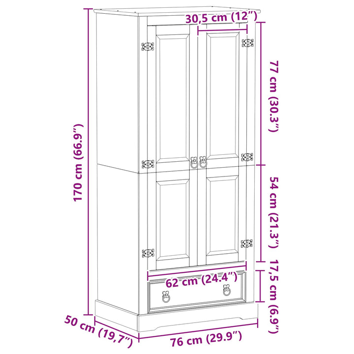 Garderober med skuffe Hvid 76 x 50 x 170 cm Massiv fyrretræ