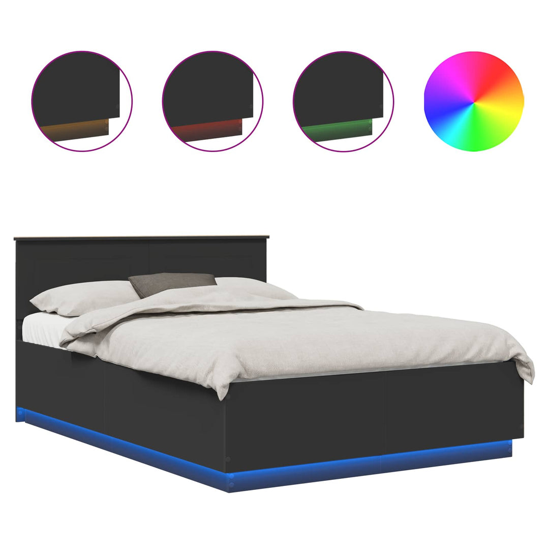 Sengestel med LED-lysstrimler Sort 150 x 200 cm Konstrueret træ