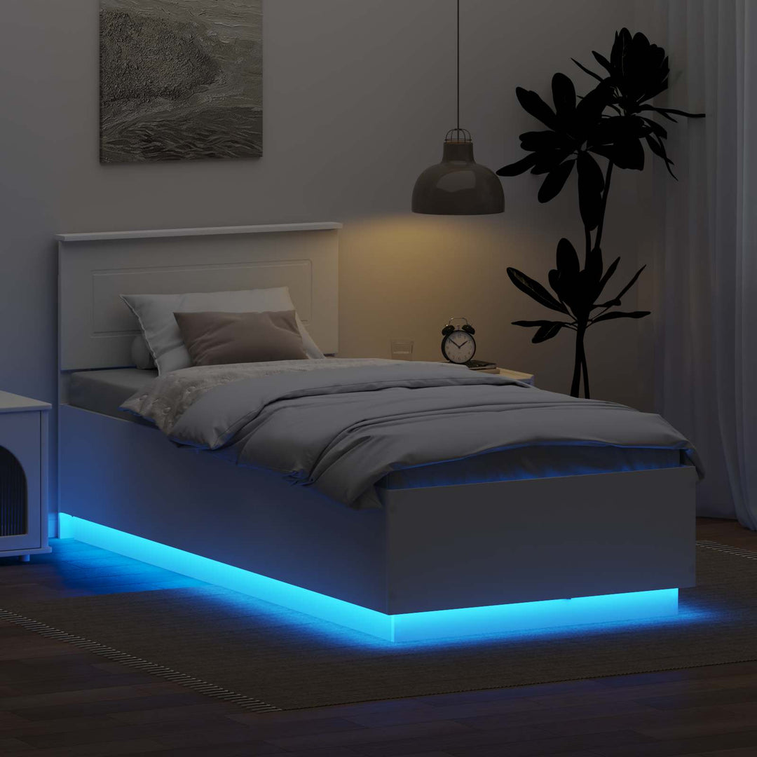 Sengestel med LED-lysstrimler Hvid 100 x 200 cm Konstrueret træ