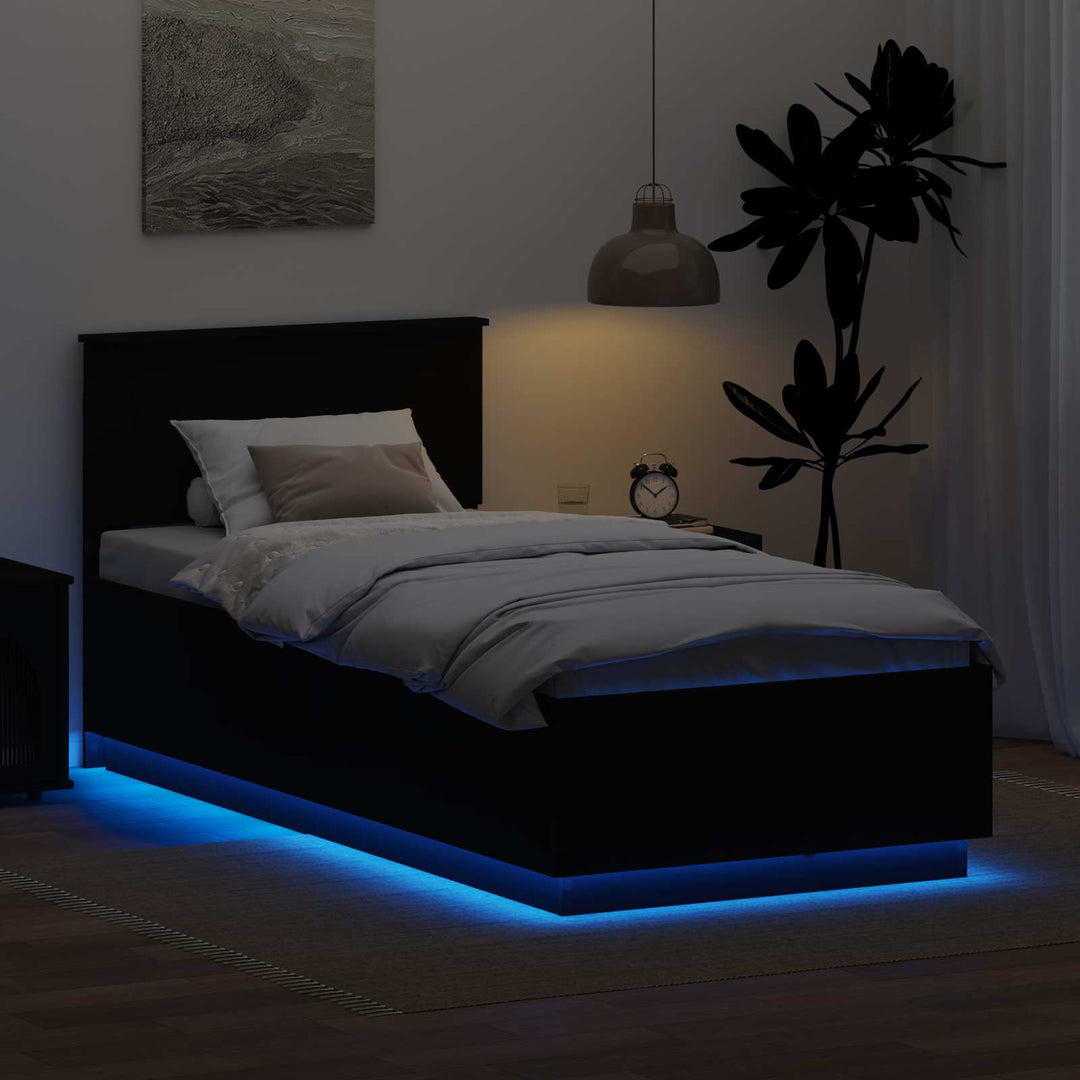Sengestel med LED -strimmellys Sort 90 x 200 cm Konstrueret træ