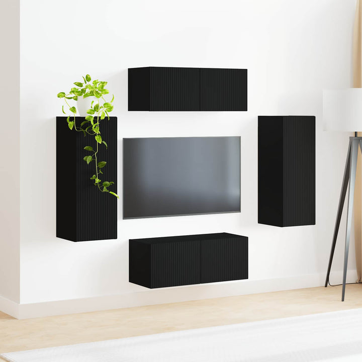 Tv vægskab sæt Vægmonteret 4 pcs Sort Konstrueret træ
