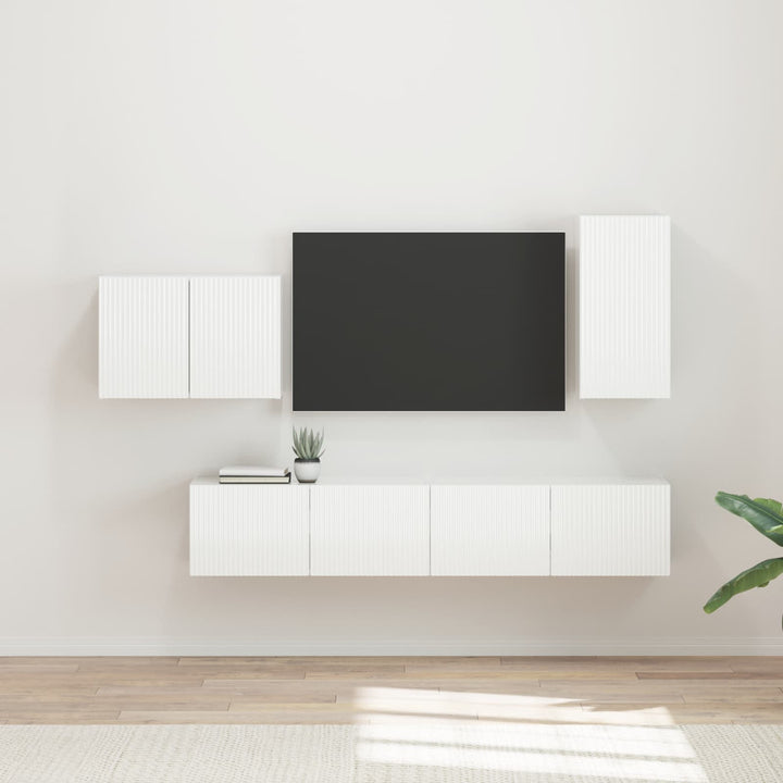 Tv vægskab sæt Vægmonteret 4 pcs Høj gloss hvid Konstrueret træ