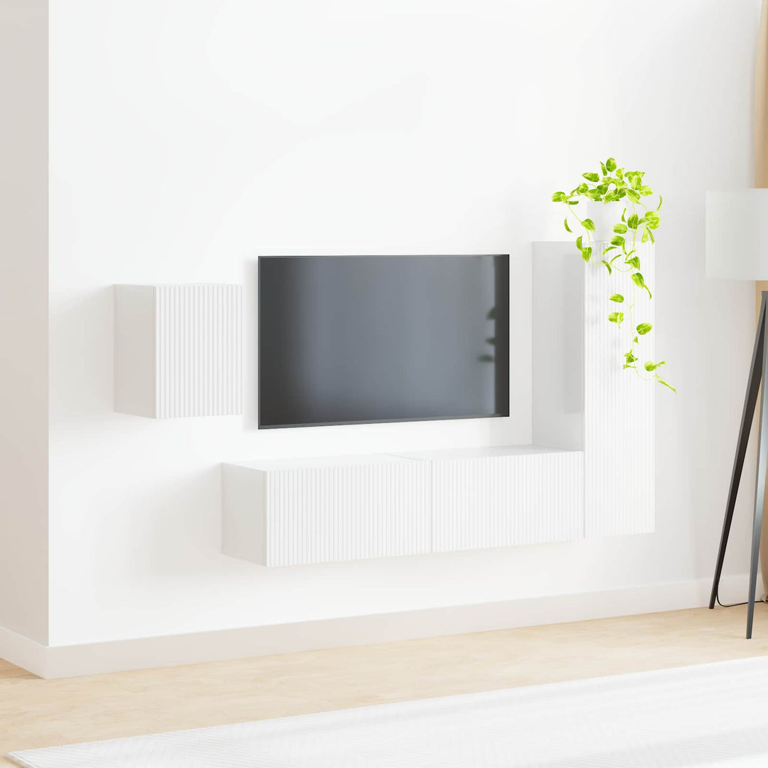 TV-møbelsæt Vægmonteret 4 pcs Høj gloss hvid Konstrueret træ