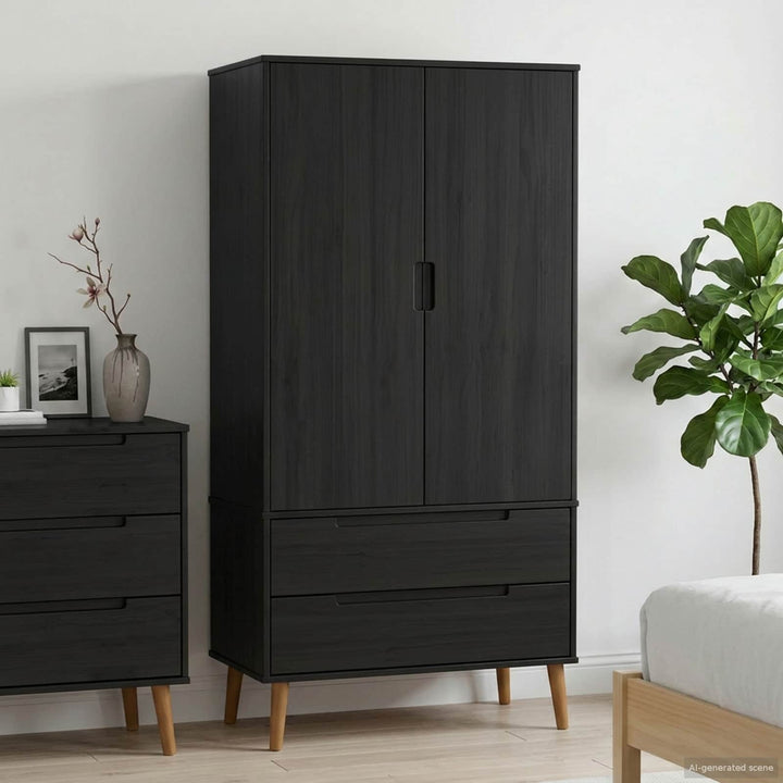 Garderobeskab MOLDE Sort 90 x 55 x 175 cm Massivt fyrretræ