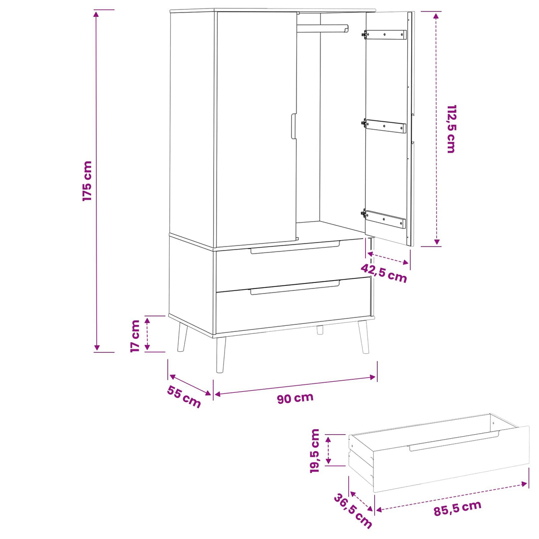 Garderobeskab MOLDE Sort 90 x 55 x 175 cm Massivt fyrretræ
