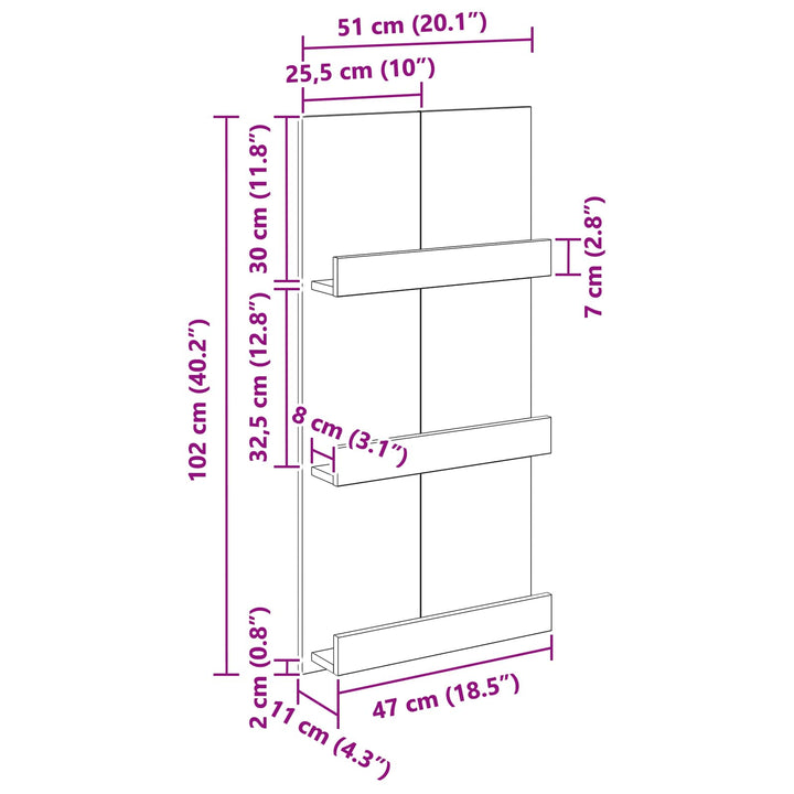 Magasin Rack med hylde Sort eg 51 x 11 x 102 cm Konstrueret træ