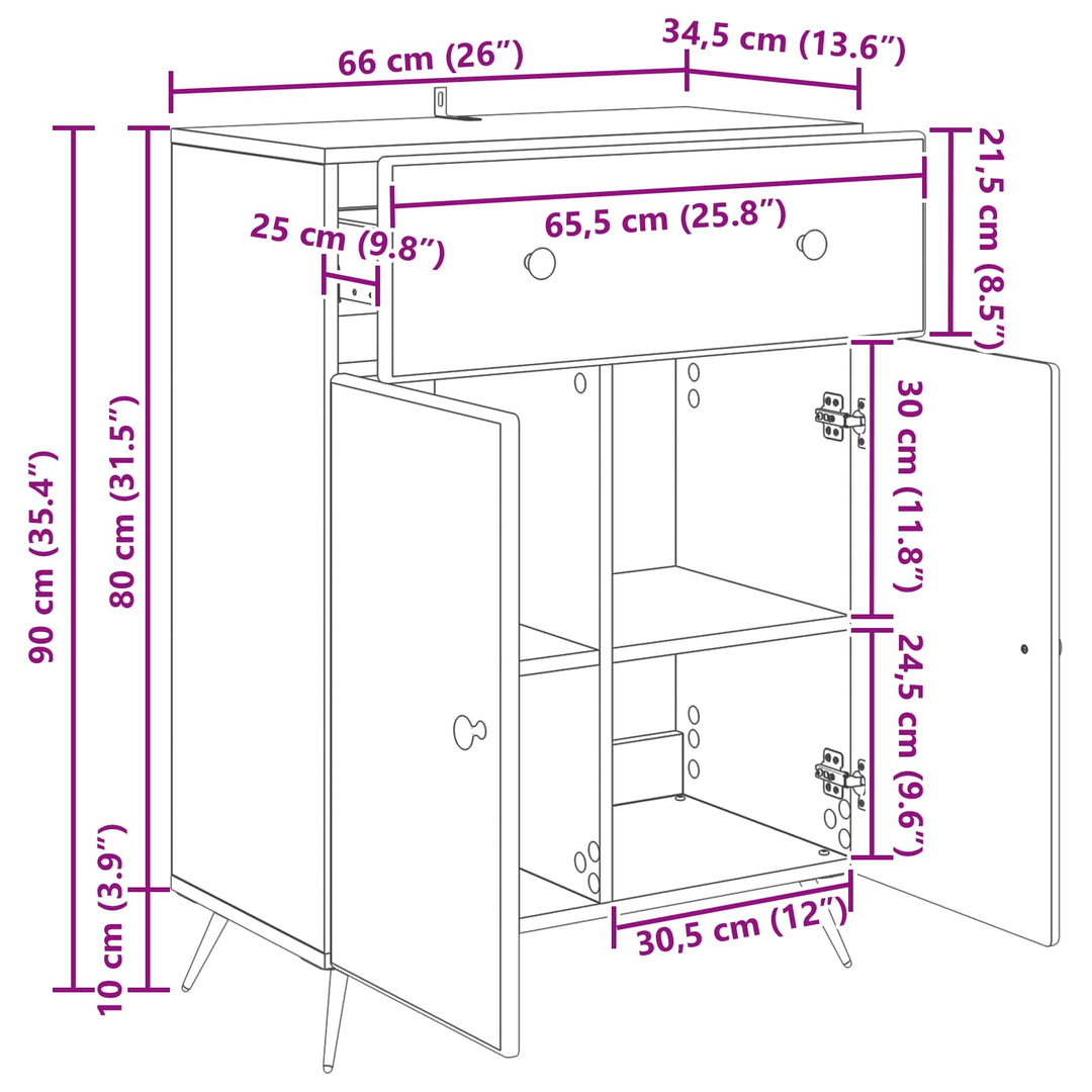 Sideboard Hvid 66 x 34,5 x 90 cm Konstrueret træ