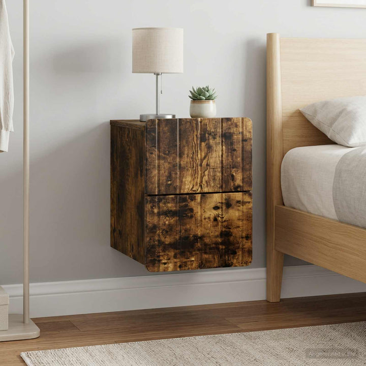 Væghængt Natbord med skuffe 2 pcs Røget eg 33 x 34,5 x 43 cm