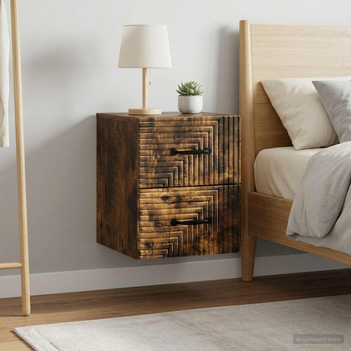 Væghængt Natbord med skuffe 2 pcs Røget eg 34,5 x 33 x 40 cm
