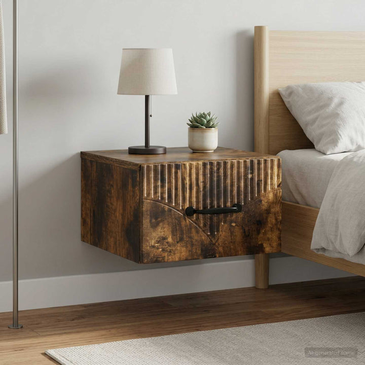 Væghængt Natbord med skuffe 2 pcs Røget eg 34,5 x 33 x 20 cm