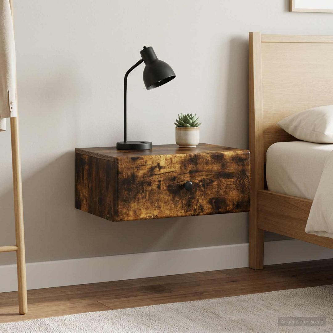 Væghængt Natbord med skuffe 2 pcs Røget eg 49 x 34,5 x 20 cm
