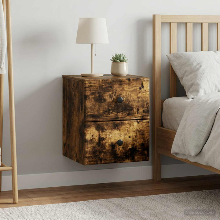 Væghængt Natbord med skuffe 2 pcs Røget eg 34,5 x 33 x 40 cm
