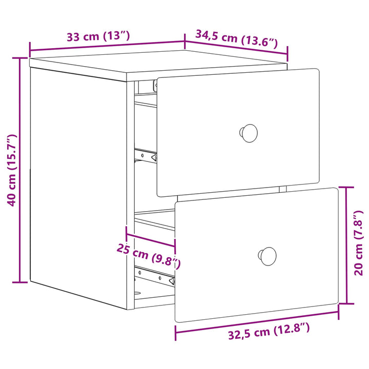 Væghængt Natbord med skuffe 2 pcs Røget eg 34,5 x 33 x 40 cm