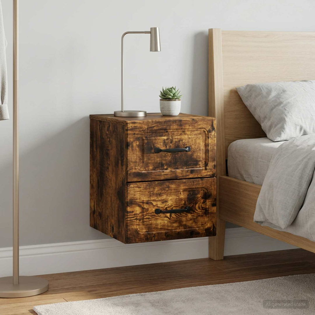 Væghængt Natbord med skuffe 2 pcs Røget eg 34,5 x 33 x 40 cm