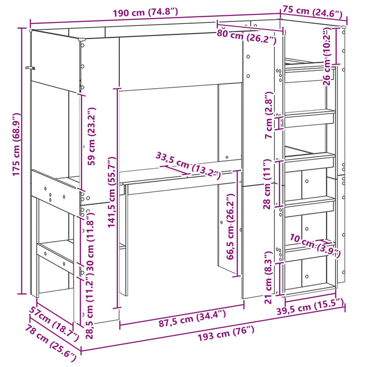 Loft Sengestel med Skrivebord med hylde Sonoma eg 75 x 190 cm