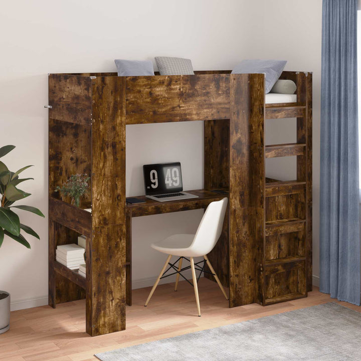 Loft Sengestel med Skrivebord med hylde Røget eg 75 x 190 cm