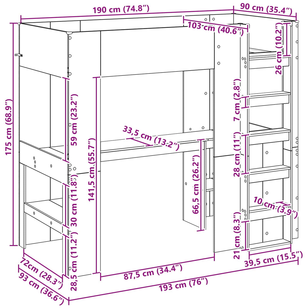 Loft Sengestel med Skrivebord med hylde Sort eg 90 x 190 cm