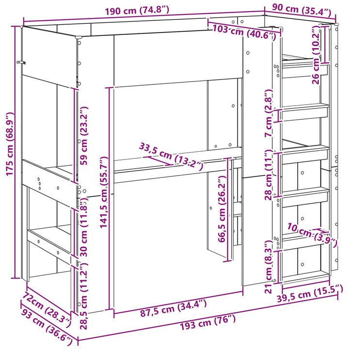 Loft Sengestel med Skrivebord med hylde Beton Grå 90 x 190 cm