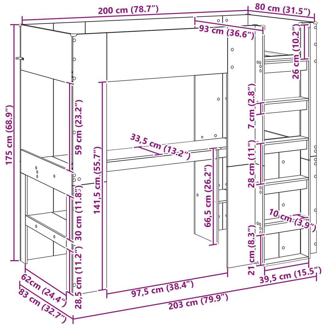 Loft Sengestel med Skrivebord med hylde Sonoma eg 80 x 200 cm