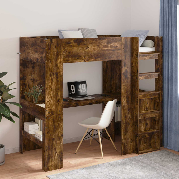 Loft Sengestel med Skrivebord med hylde Røget eg 80 x 200 cm